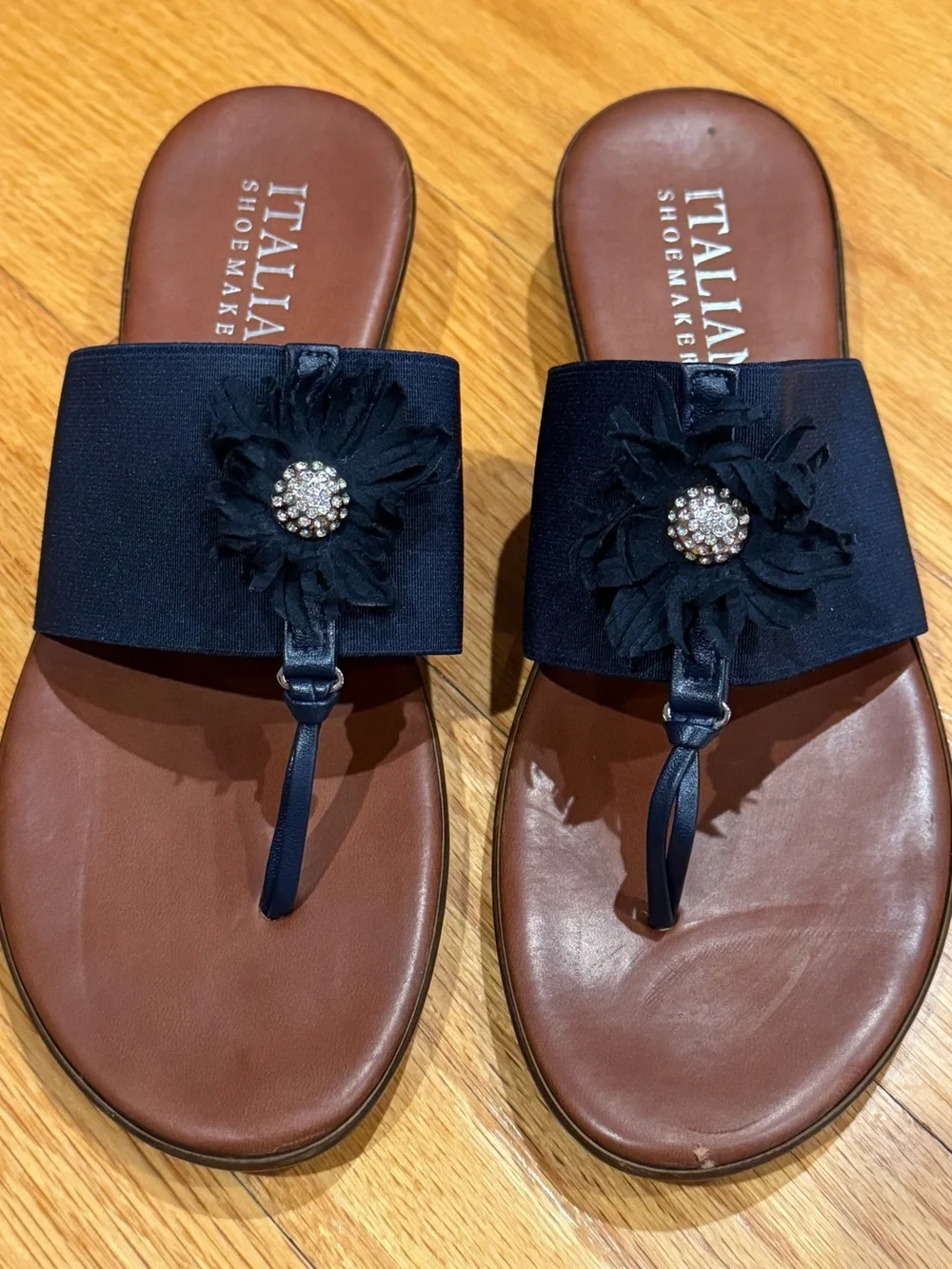 Italian Shoemakers Navy Floral T-Strap Slide Sandals size 9 made in Italy 🇮🇹